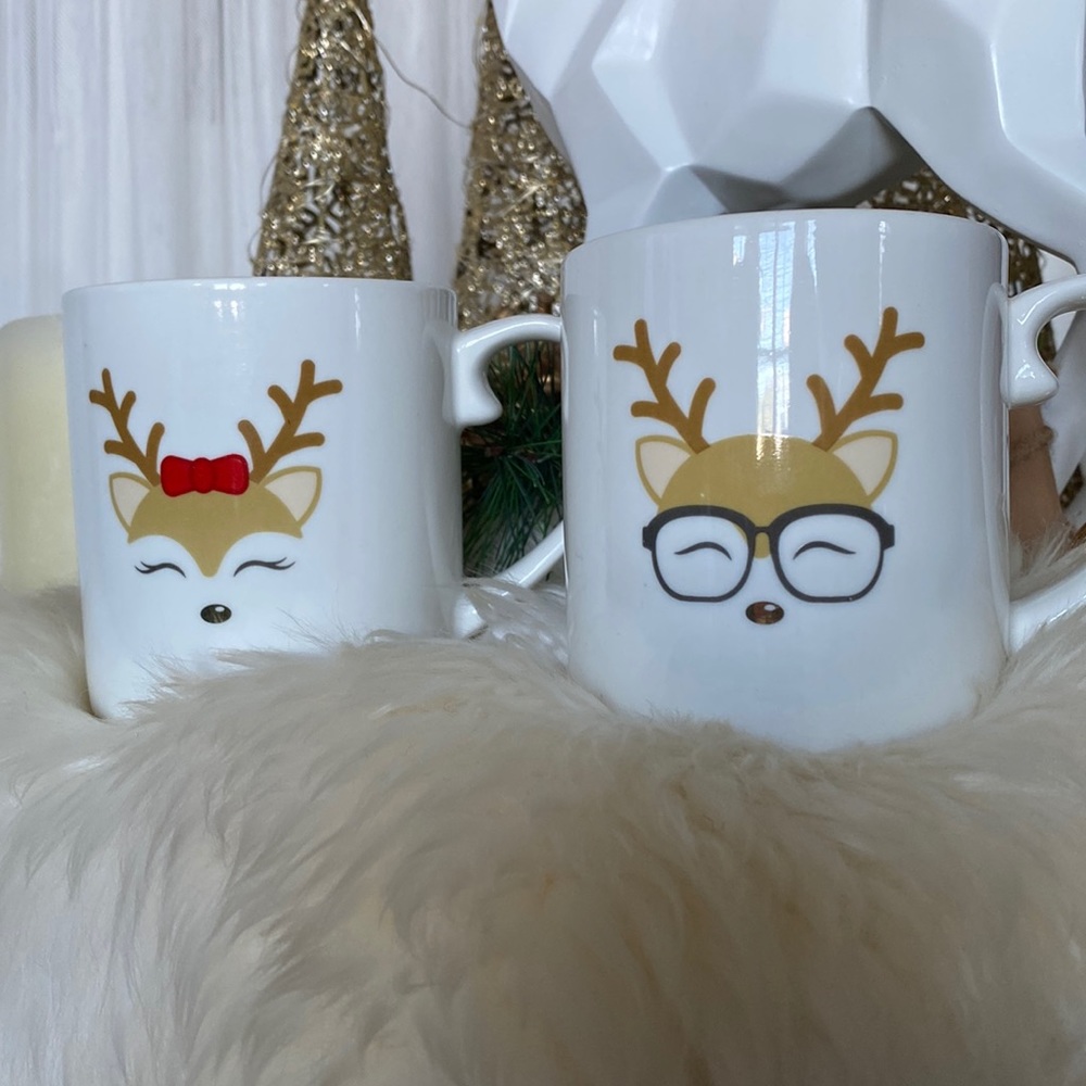 REDUCED! A pair his and her of Frankie Grey porcelain 12oz coffee mugs reindeer